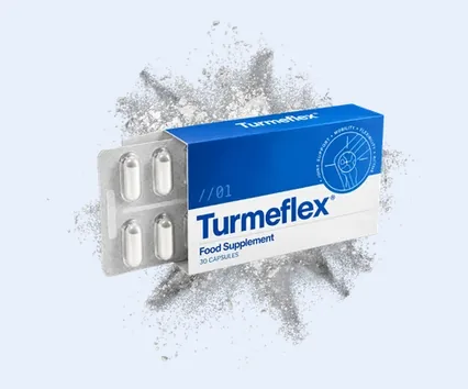 Turmeflex Faltschachtel vor einer Wolke aus goldgelbem Kurkumapulver